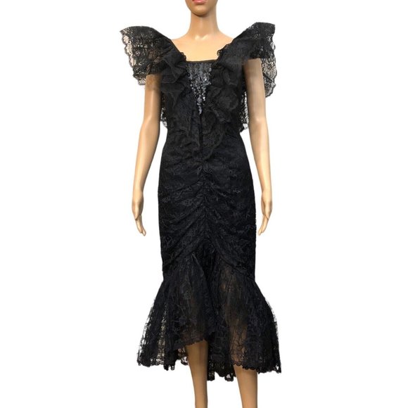 SOLD Vintage 80s Gothic Princess Black Lace Tulle Mermaid Cocktail Formal Dress - Picture 2 of 14